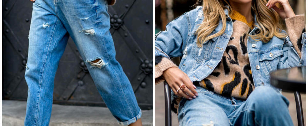 Jeansy damskie z dziurami z obniżaną talią w stylizacji all denim look