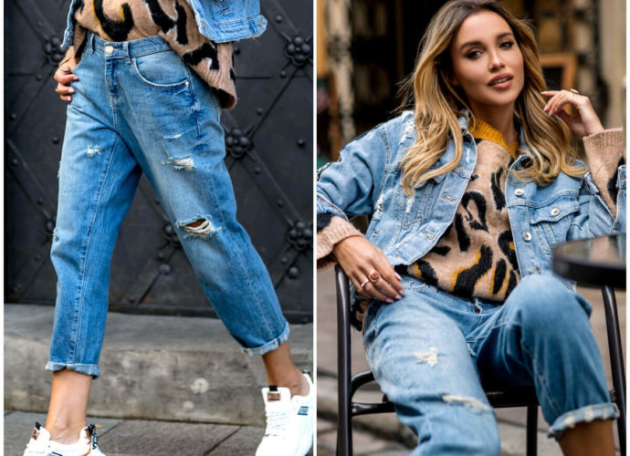 Jeansy damskie z dziurami z obniżaną talią w stylizacji all denim look