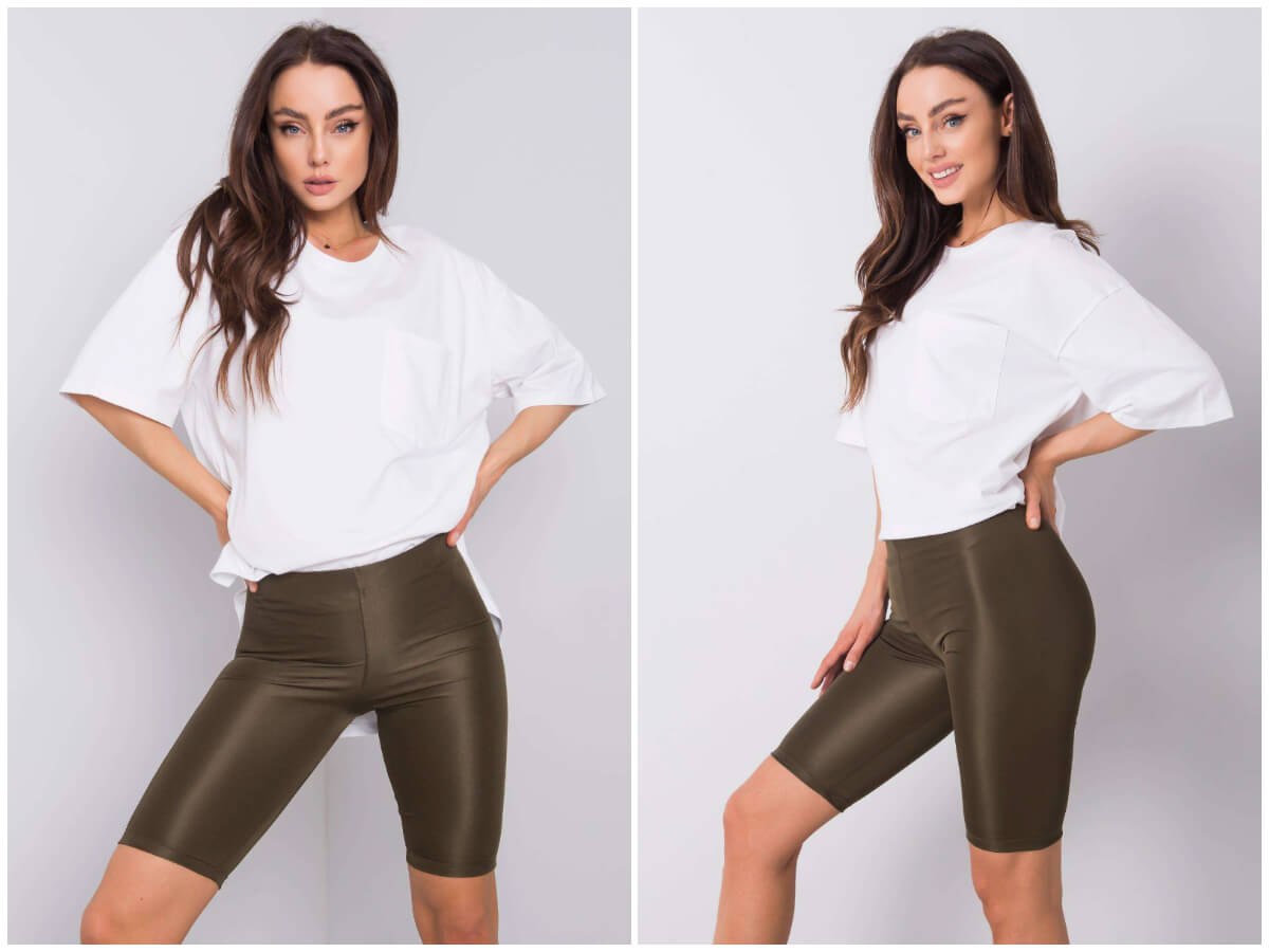Kolarki damskie khaki w stylizacji z białym t-shirtem