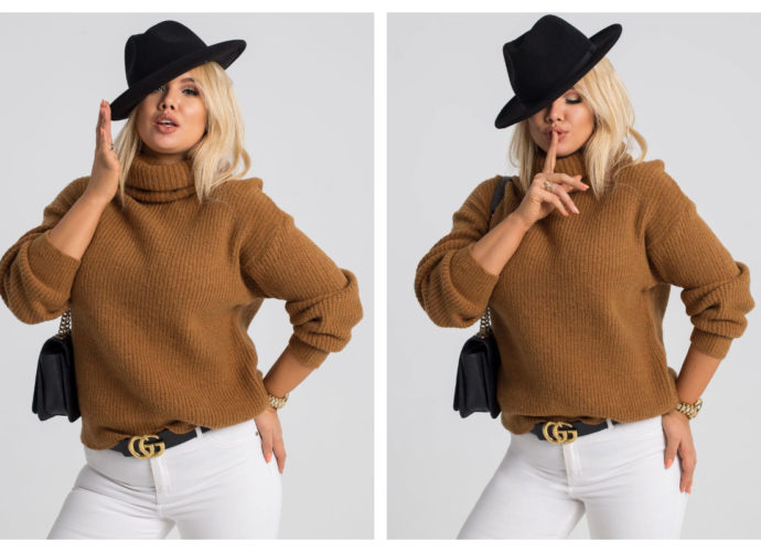 Modny sweter plus size na jesień w kolorze brązowym